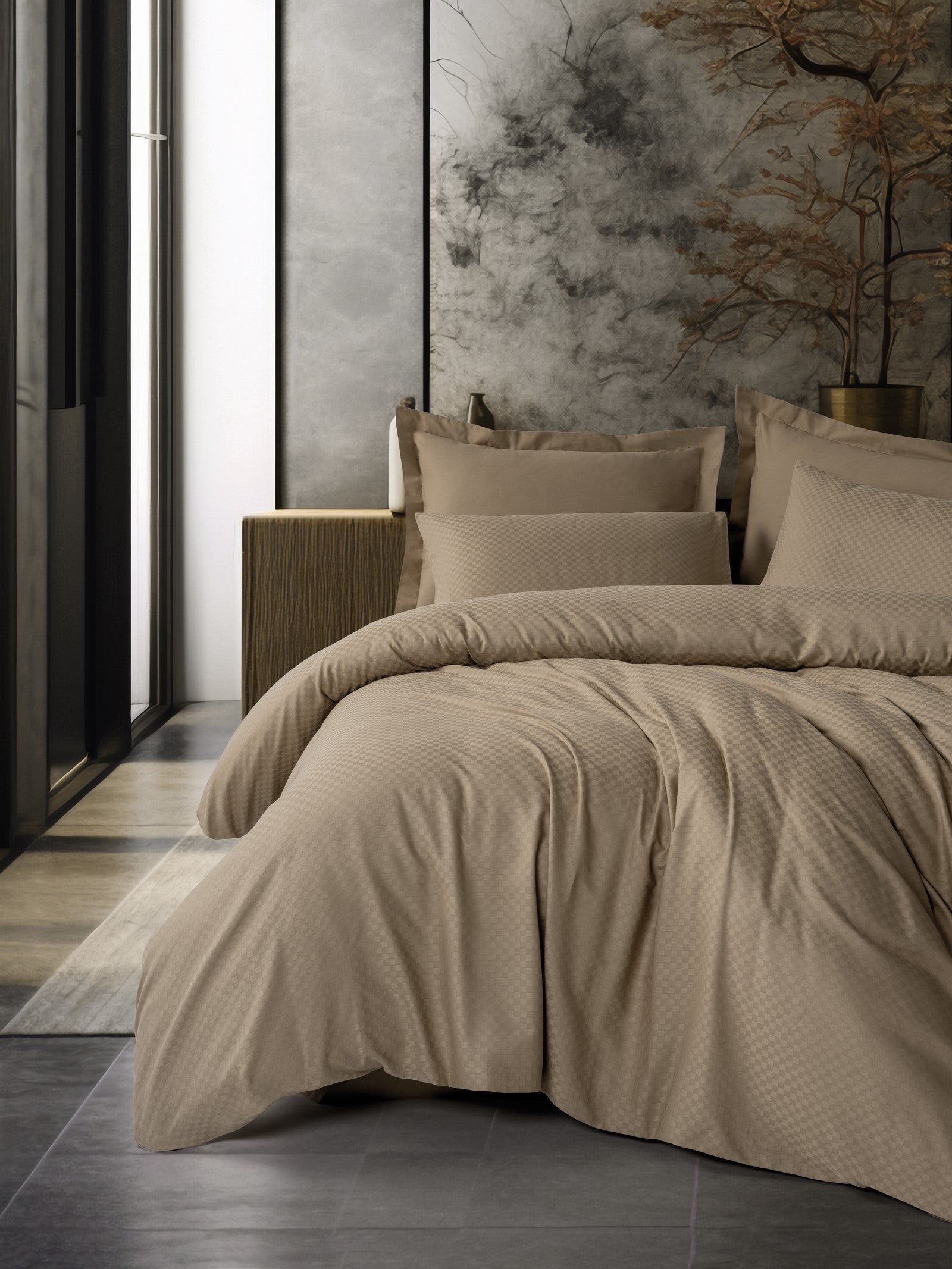 Plaid Ranforce Tek Kişilik Nevresim Takımı Vizon