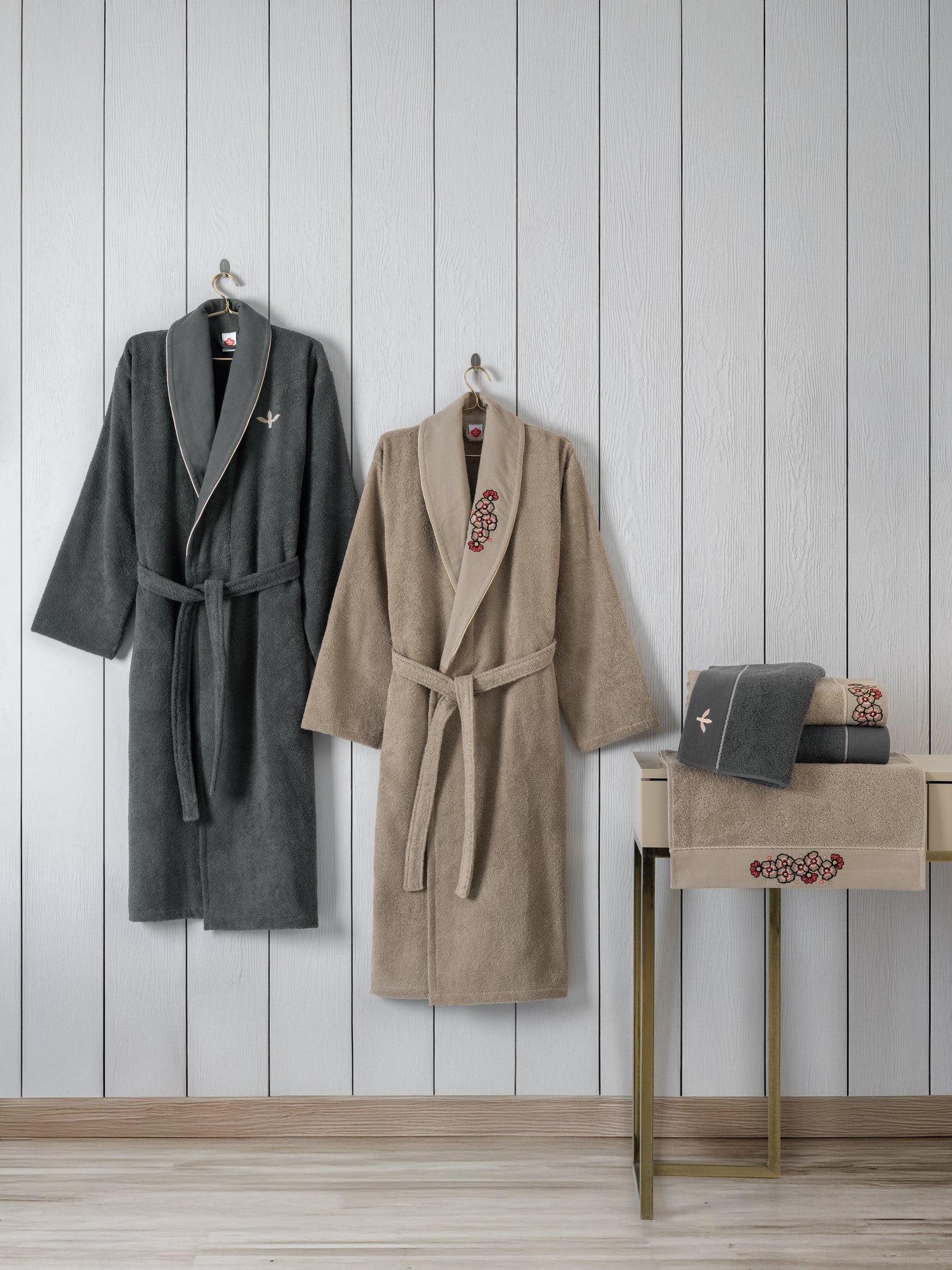 Folk Art Aile Bornoz Seti Yamka Bej-Antrasit