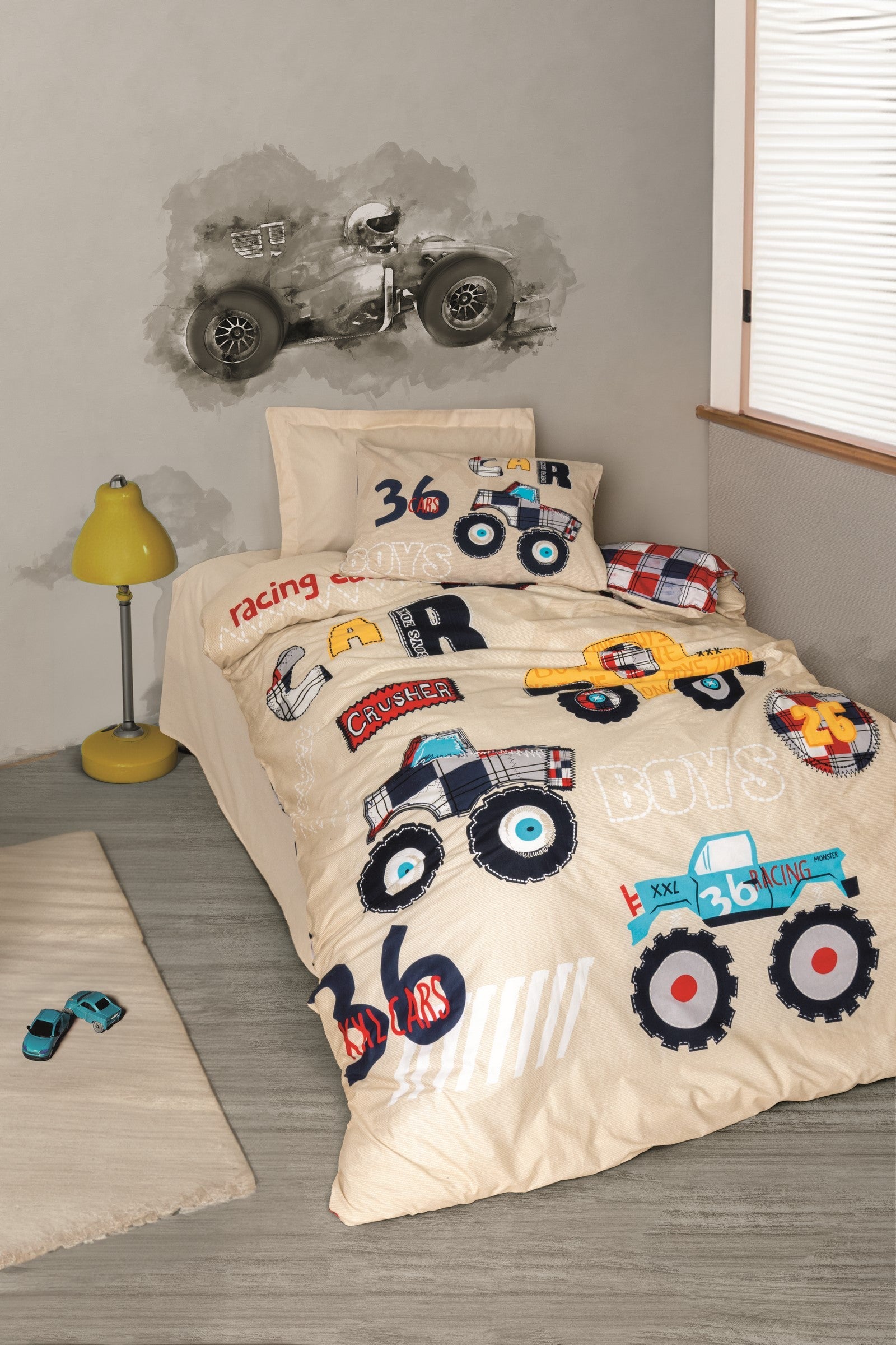 Junior Single Duvet Cover Set Cars Beige – Cotton Box