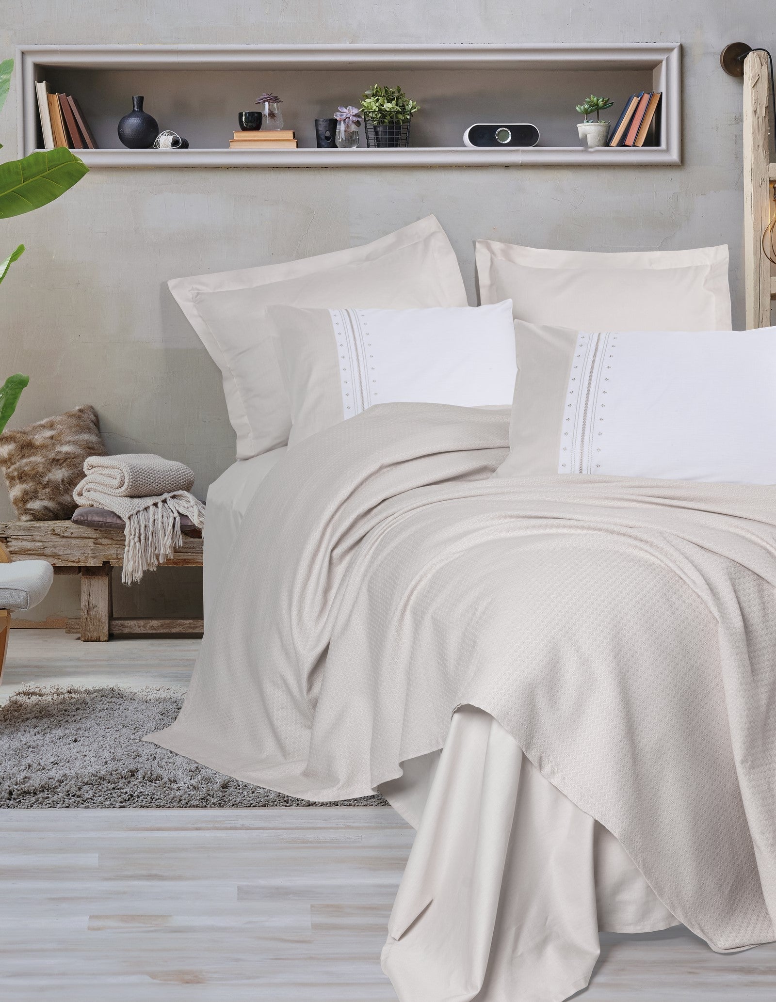 Lusso Bambu Çift Kişilik Pike Takımı Chaste Taş – Cotton Box