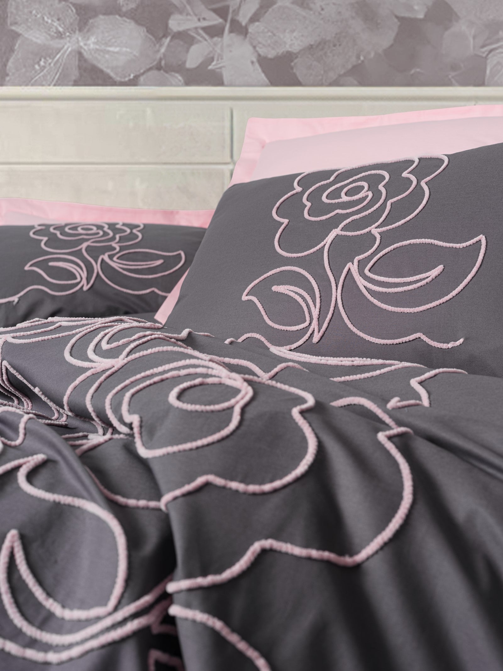 Nakışlı Ranforce Çift Kişilik Nevresim Takımı Primula Pembe