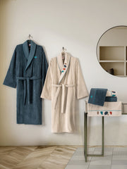 Puff Embroidered Family Bathrobe Set Gaja Beige-Petrol