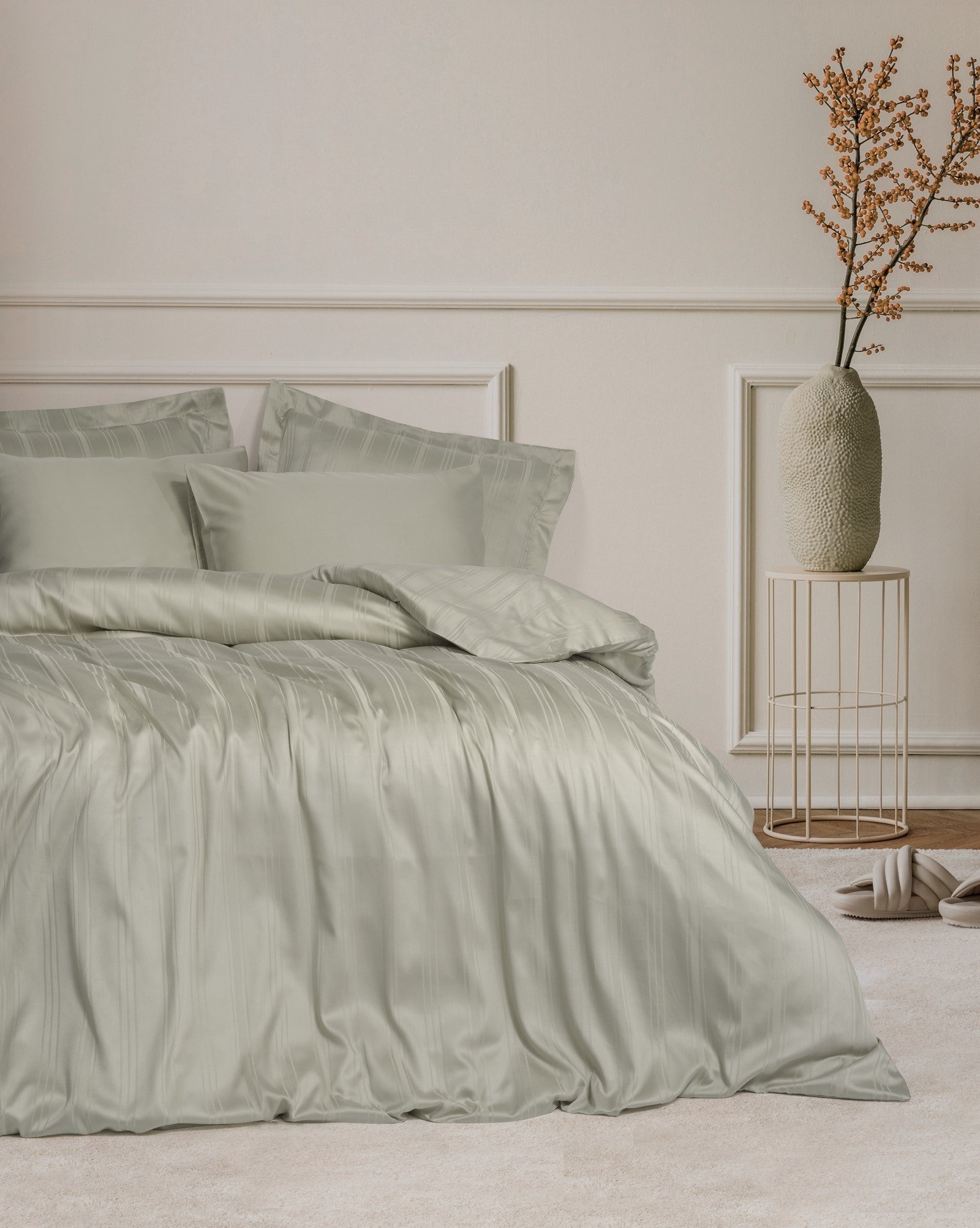 Smart Bamboo Satin Double Duvet Cover Set Stripe Beige – Cotton Box