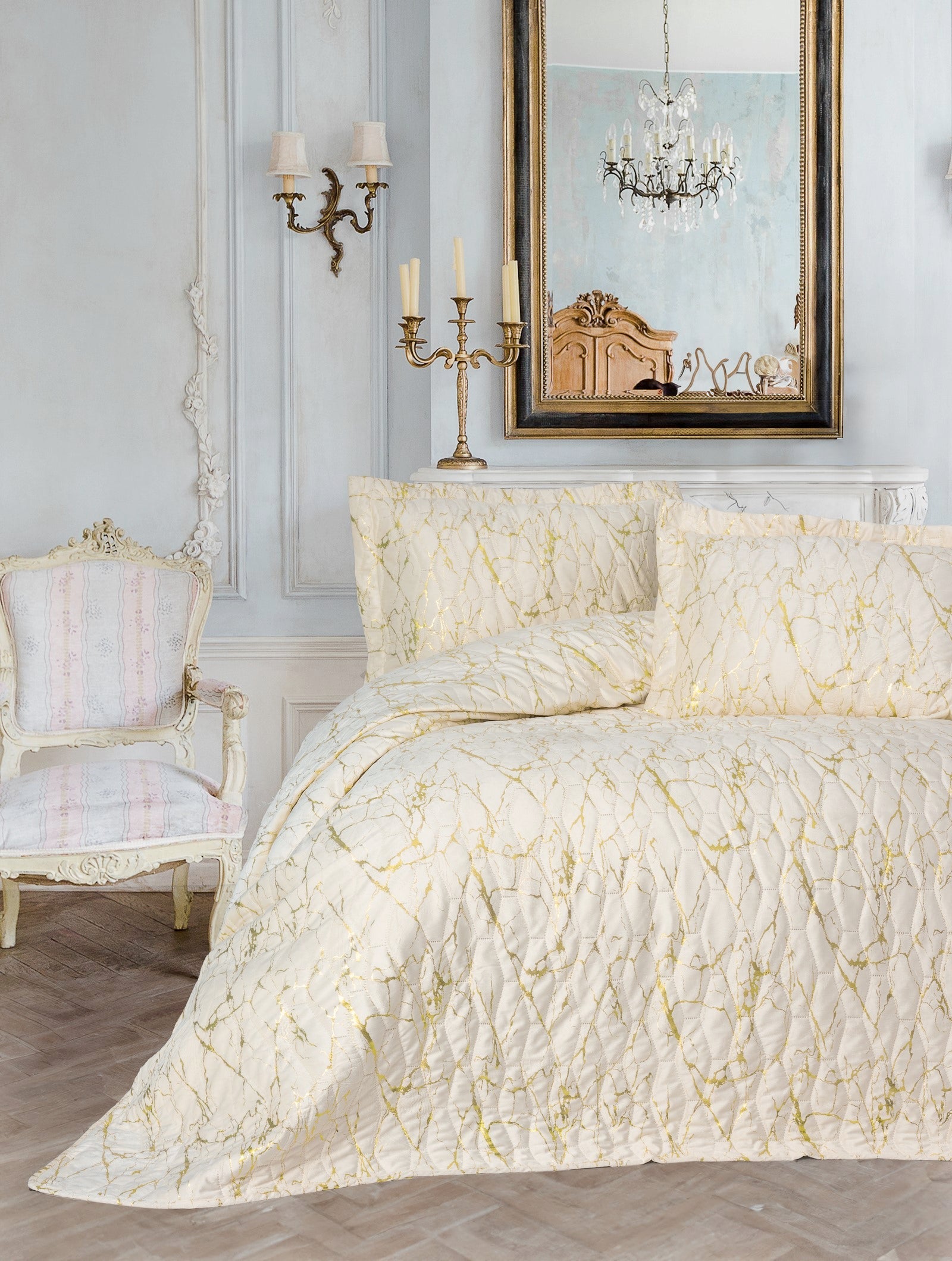 Smart Çift Kişilik Yatak Örtüsü Kadife Varaklı Destello Krem