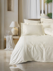 Nakışlı Saten Çift Kişilik Nevresim Takımı Luxe Ekru