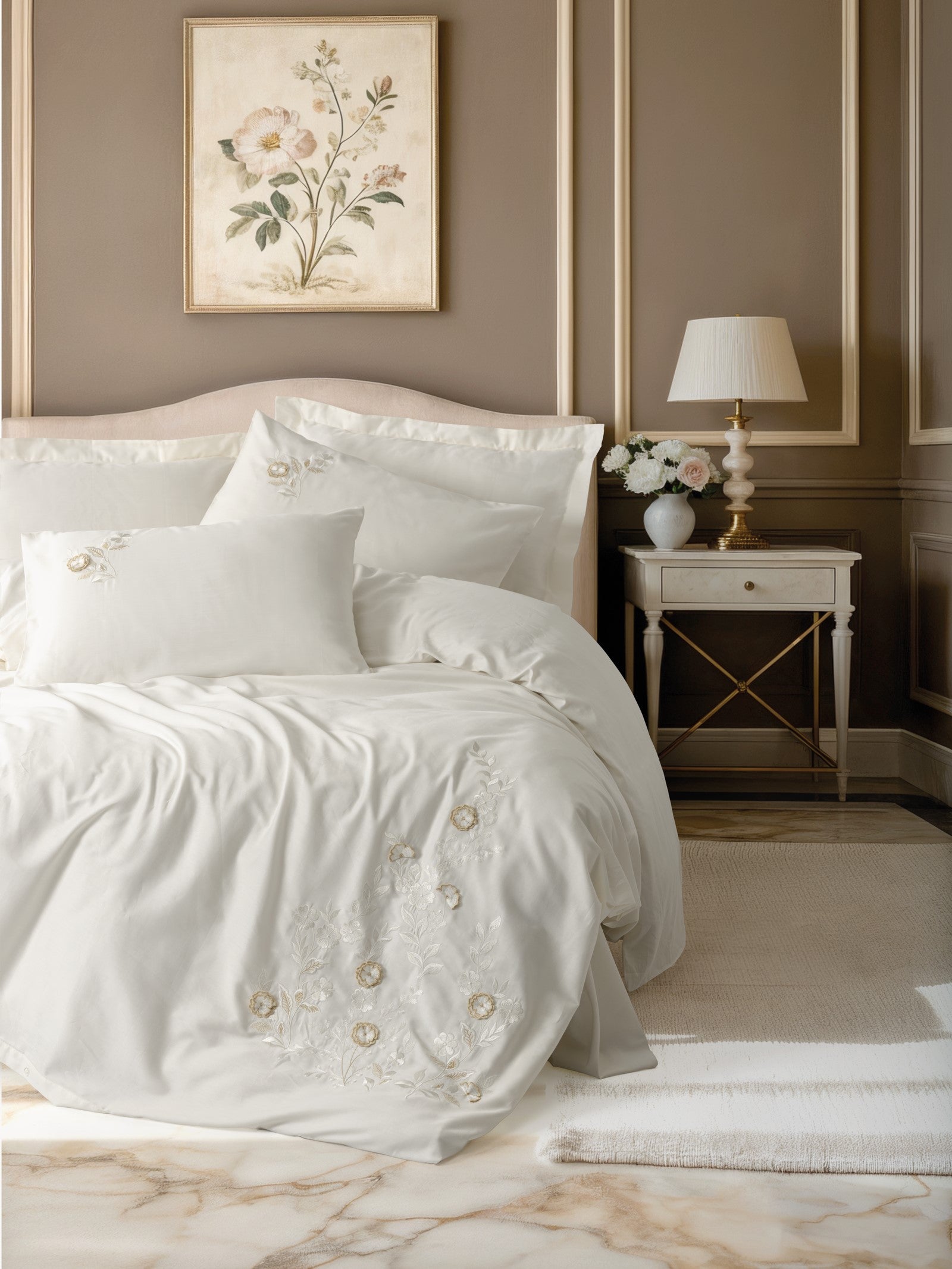 3D Nakışlı Saten Çift Kişilik Nevresim Takımı Gilded Ekru