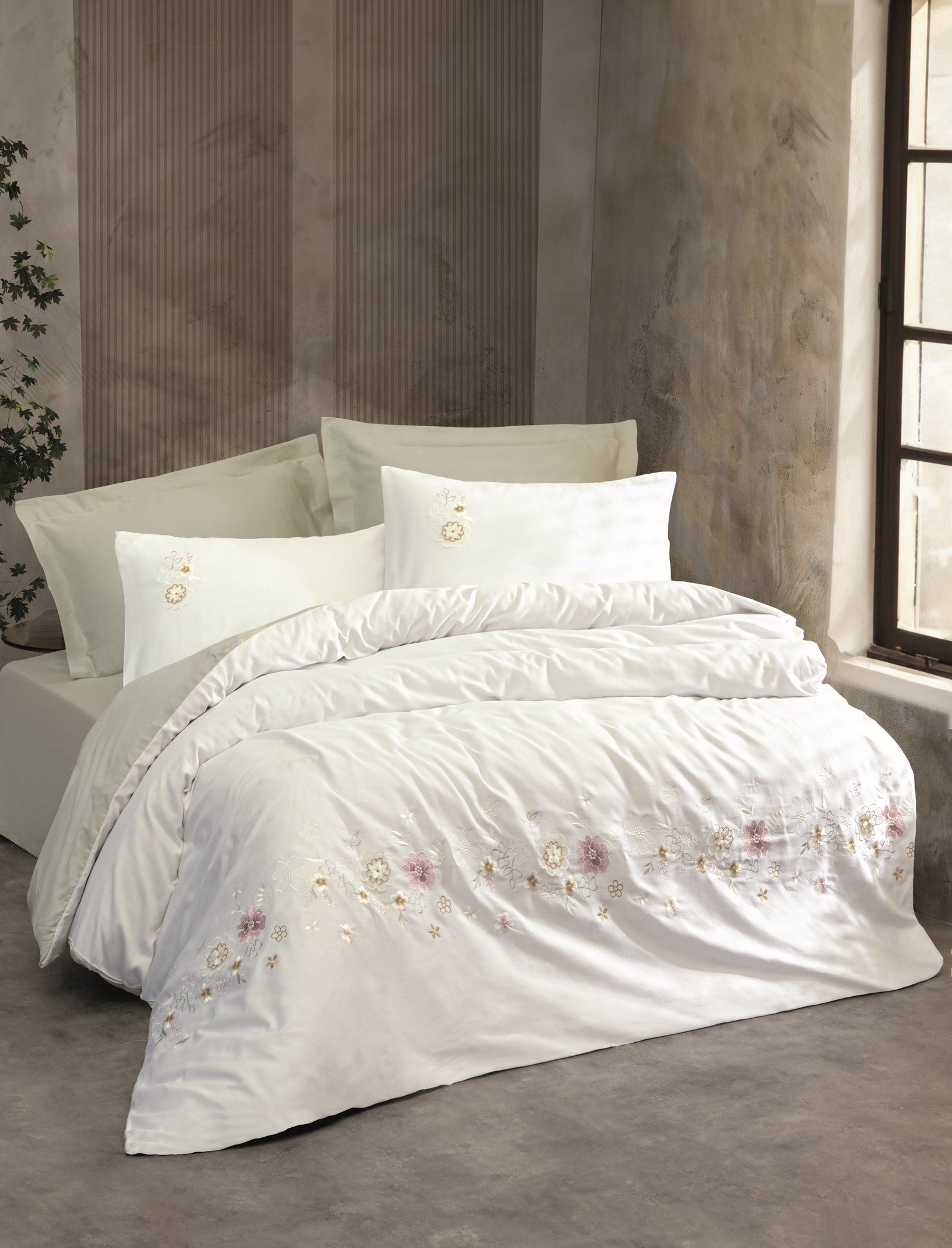 3D Embroidered Satin Double Duvet Cover Set Jenika Mint – Cotton Box