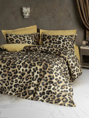 5D Silky Tensel Saten Çift Kişilik Nevresim Takımı Leopar Gold