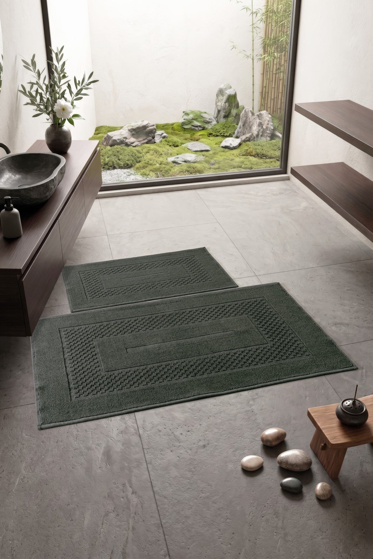 Aura Jacquard Non-Slip Base Cotton Mat Set Frame Anthracite 60x90+40x60