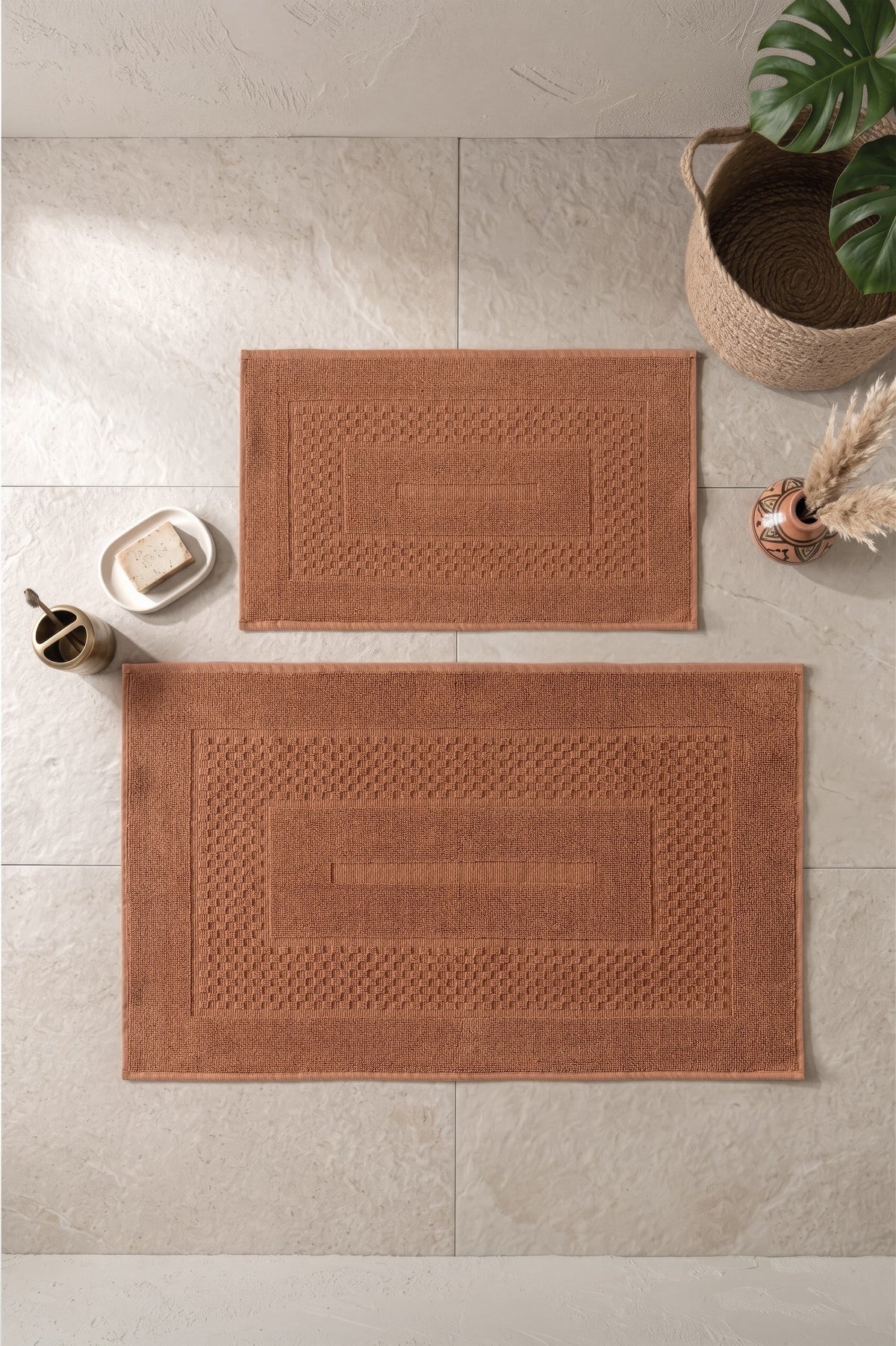 Aura Jacquard Non-Slip Cotton Mat Set Frame Coral 60x90+40x60
