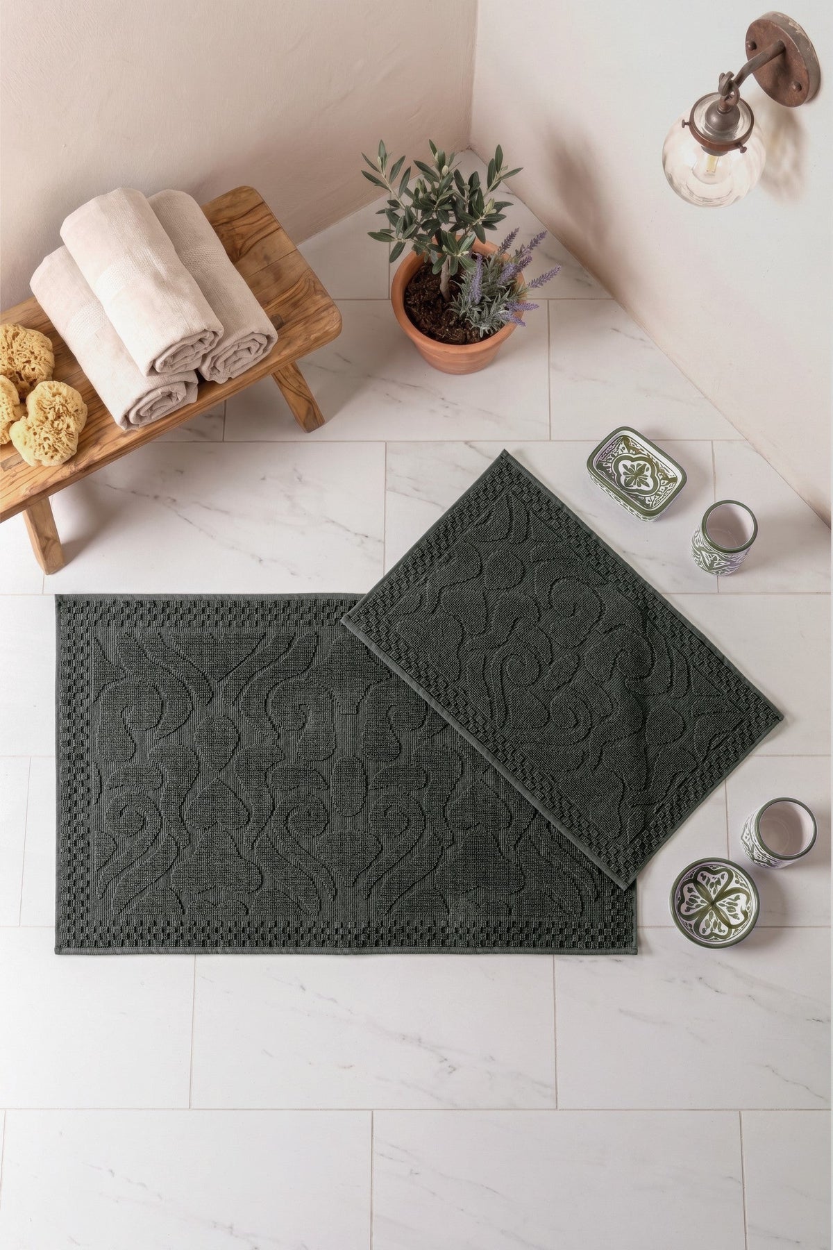 Aura Jacquard Non-Slip Cotton Mat Set Vine Anthracite 60x90+40x60