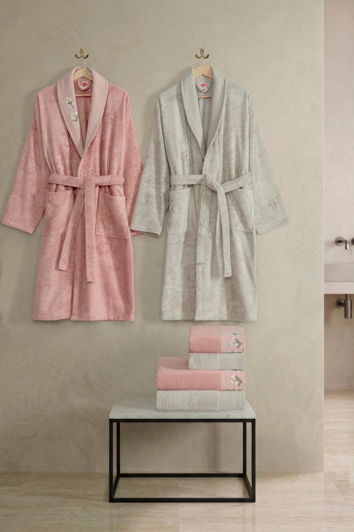 Bamboo Pure Embroidered Family Bathrobe Set Floris Powder-Beige