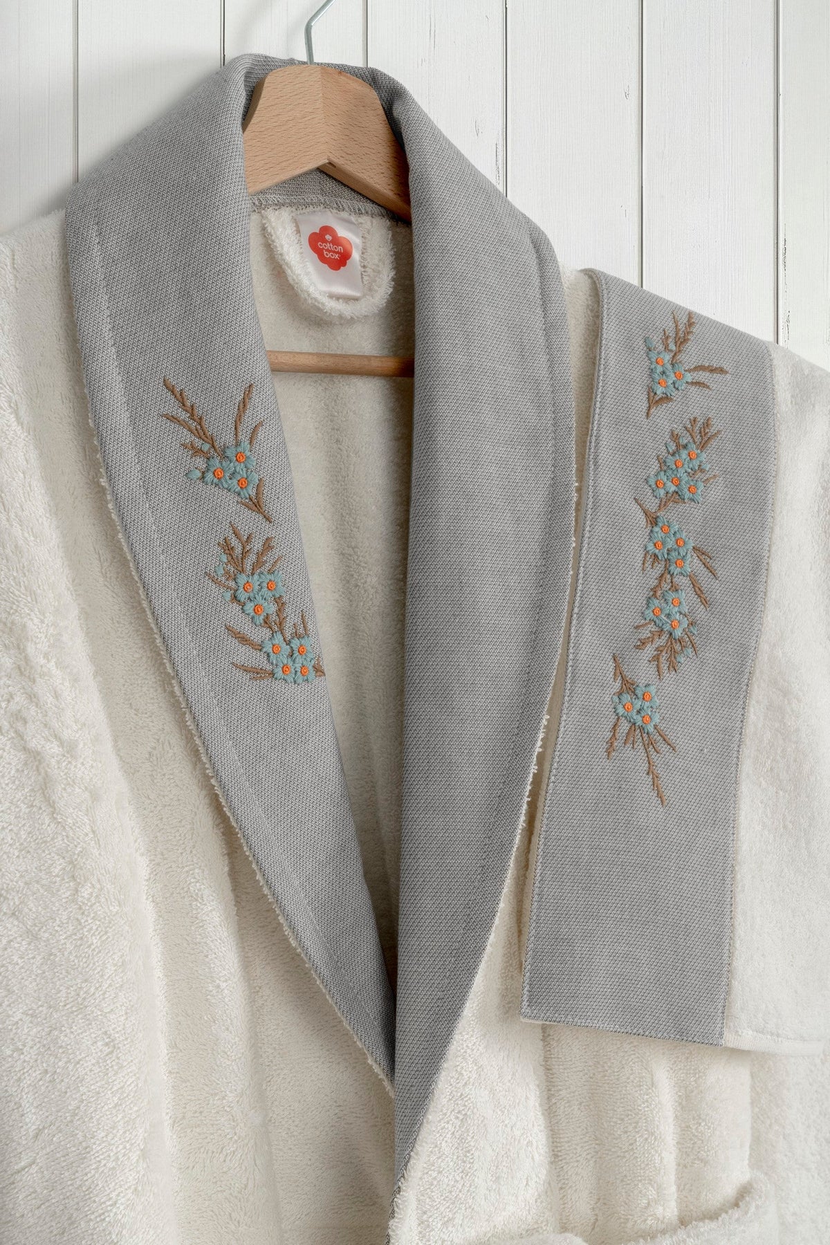 Mirea Cream-Grey Bamboo Pure Embroidered Family Bathrobe Set