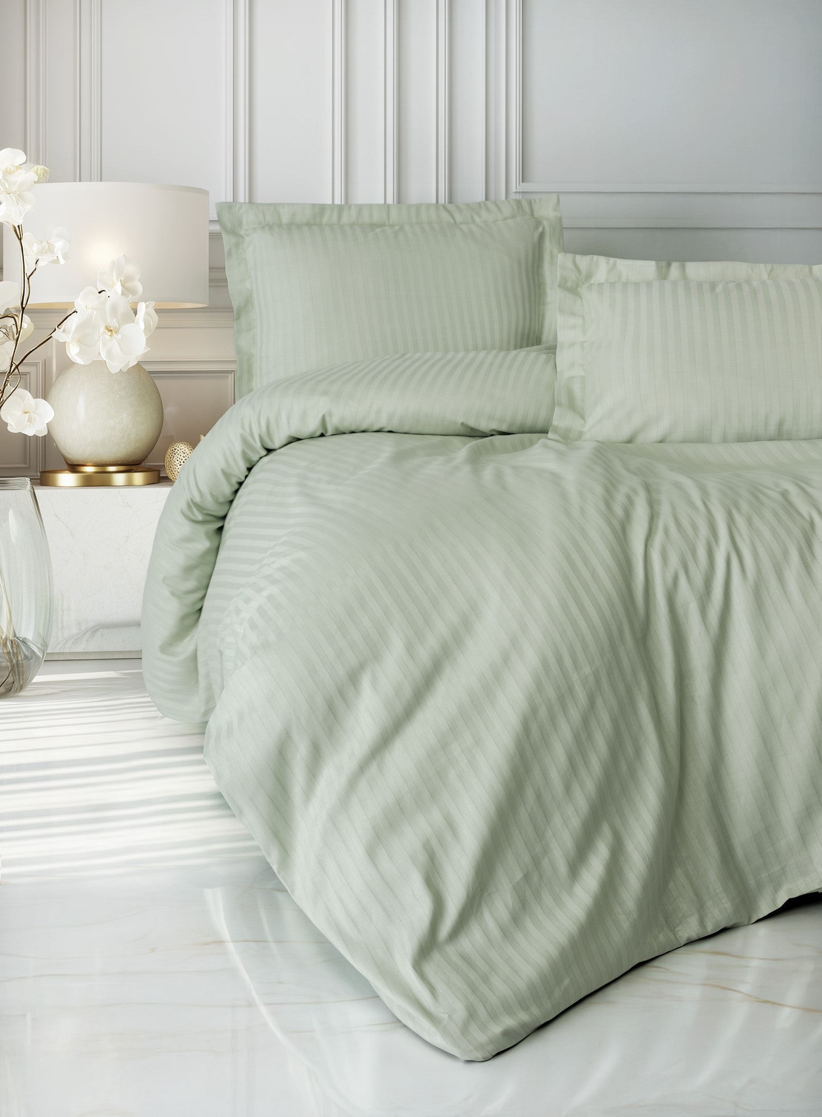 Elegant Stripe Saten Çift Kişilik Nevresim Takımı Adaçayı