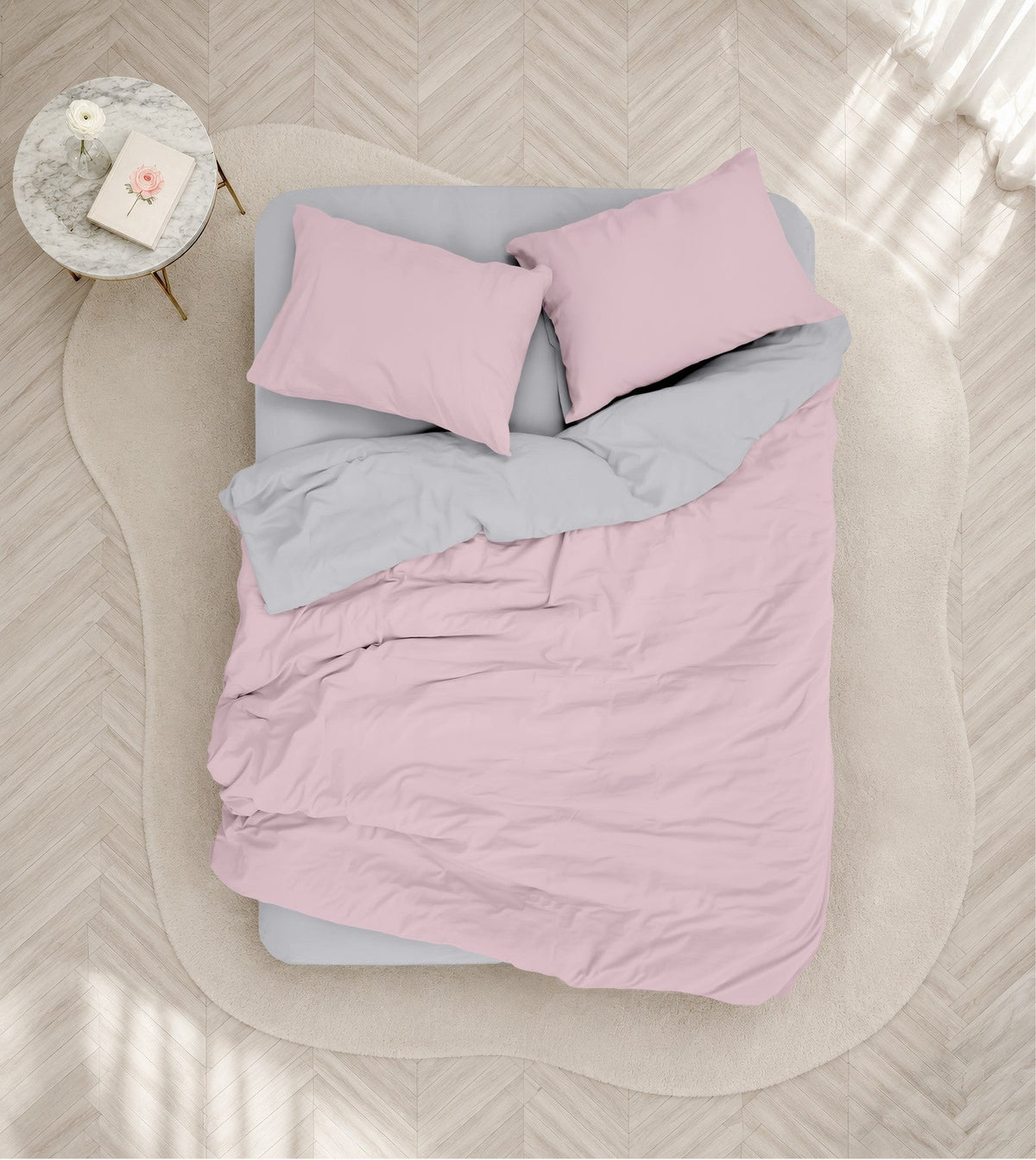 Plain Çift Kişilik Nevresim Takımı Pembe-Gri